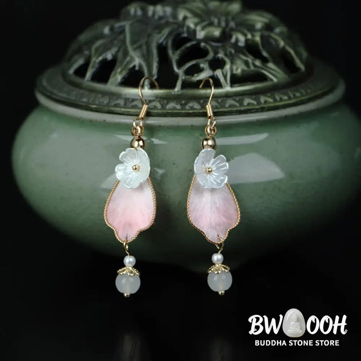 Buddha Stones Handcrafted Silk Art Petal Good Fortune Blessing Dangle Hook Earrings - Silk fibers(Size: 5.5*1cm)