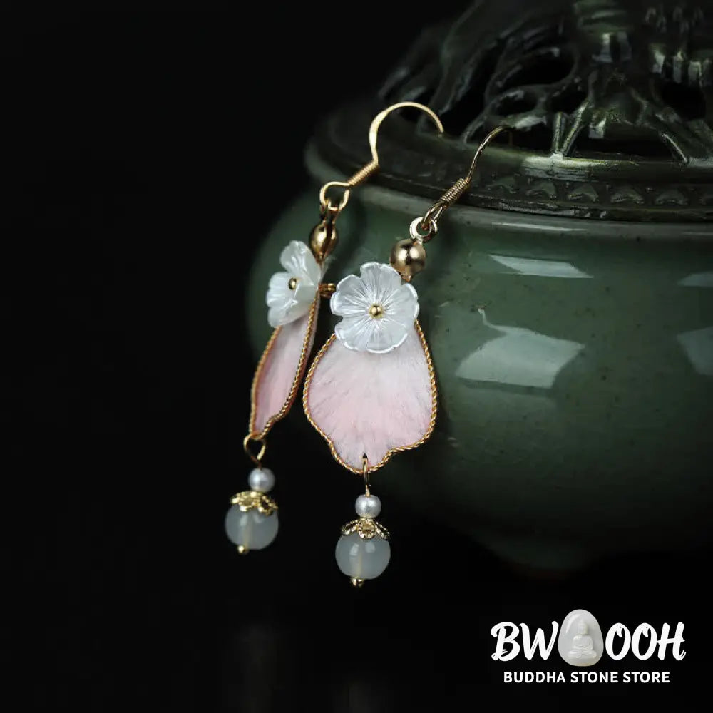 Buddha Stones Handcrafted Silk Art Petal Good Fortune Blessing Dangle Hook Earrings - Silk fibers(Size: 5.5*1cm)