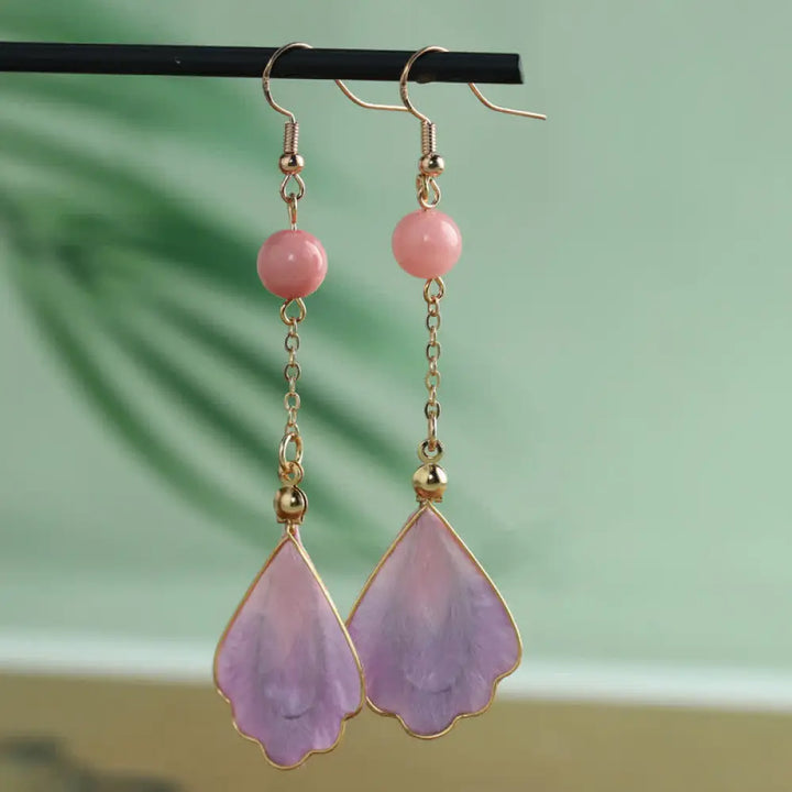 Buddha Stones Handcrafted Silk Art Petal Good Fortune Blessing Dangle Hook Earrings - Pink Petal(Size: About 8.5*2cm)