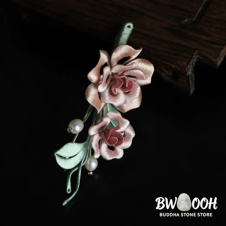 Buddha Stones Handcrafted Silk Art Twin Rose Flower Blessing Harmony Brooch - Twin Rose(Length: About 7-9cm) - Brooch
