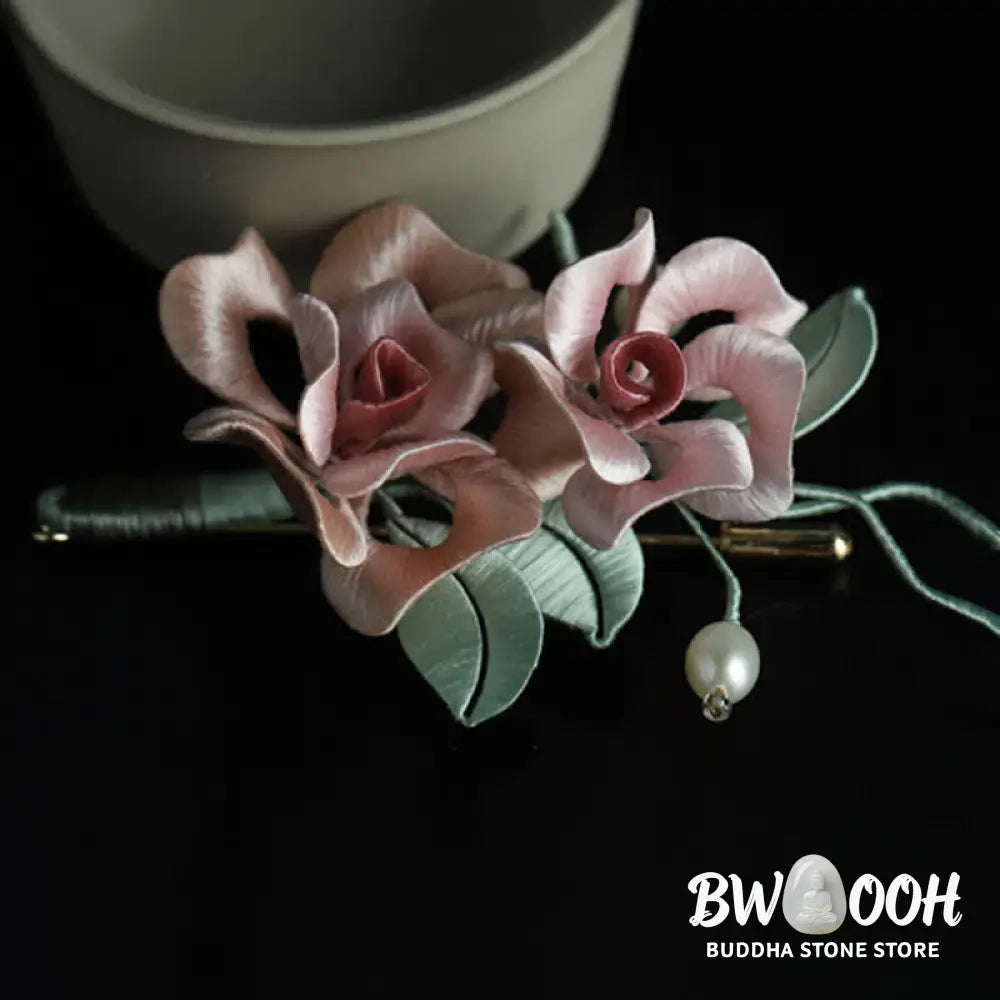 Buddha Stones Handcrafted Silk Art Twin Rose Flower Blessing Harmony Brooch - Twin Rose(Length: About 7-9cm) - Brooch
