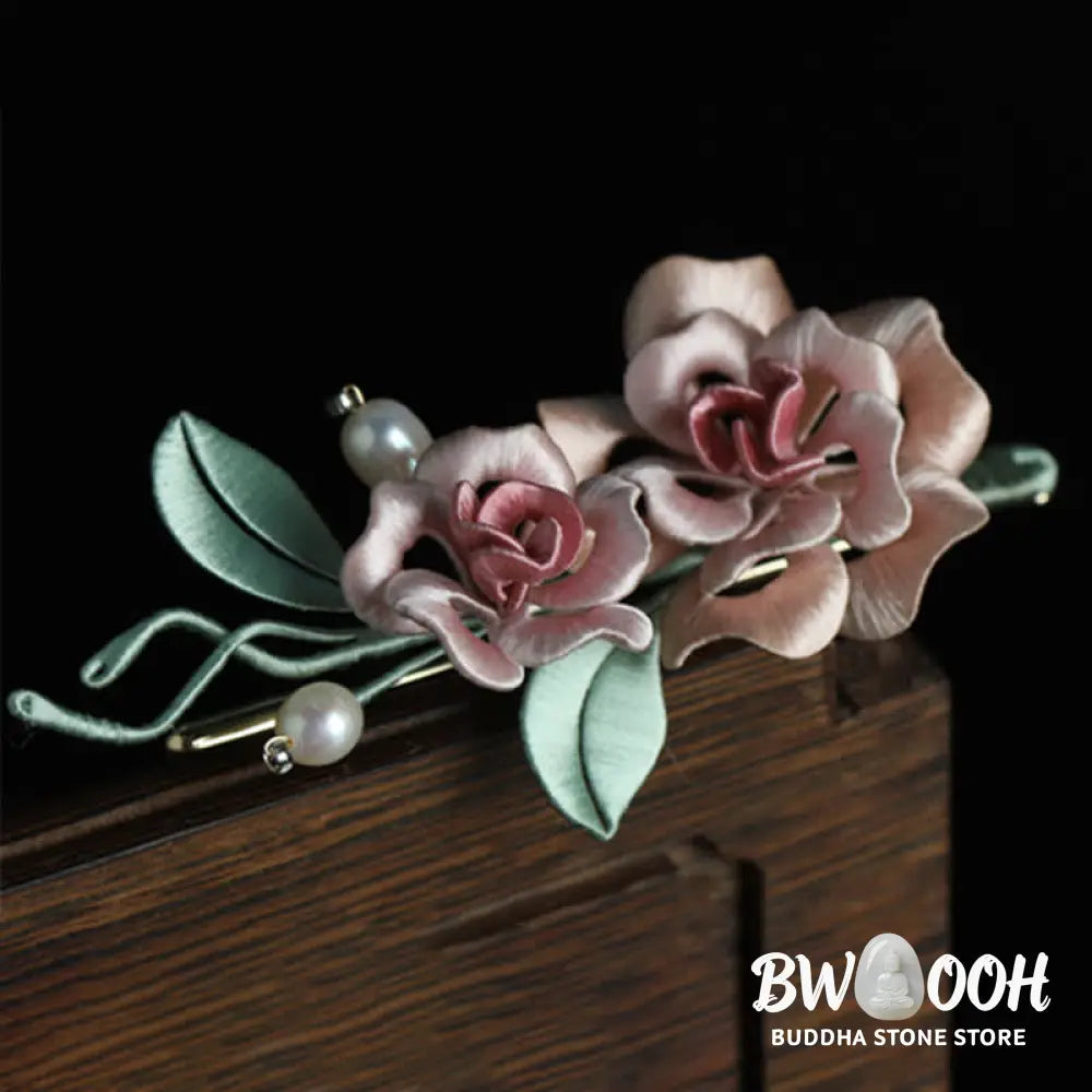 Buddha Stones Handcrafted Silk Art Twin Rose Flower Blessing Harmony Brooch - Twin Rose(Length: About 7-9cm) - Brooch