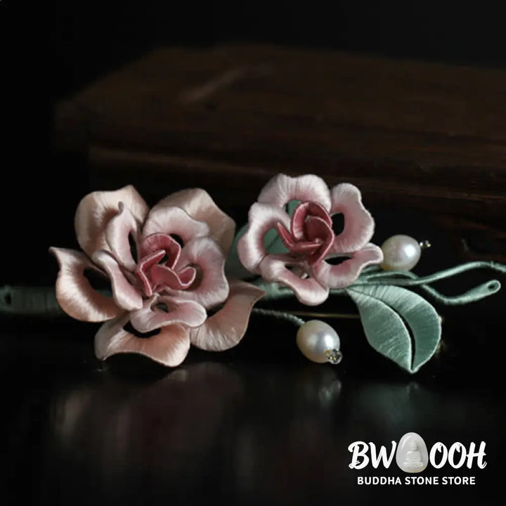 Buddha Stones Handcrafted Silk Art Twin Rose Flower Blessing Harmony Brooch - Twin Rose(Length: About 7-9cm) - Brooch