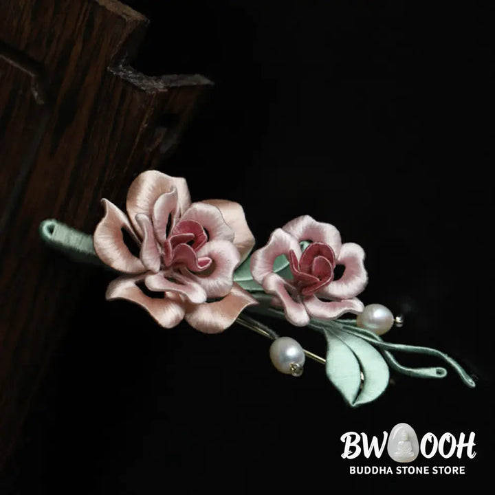 Buddha Stones Handcrafted Silk Art Twin Rose Flower Blessing Harmony Brooch - Twin Rose(Length: About 7-9cm) - Brooch
