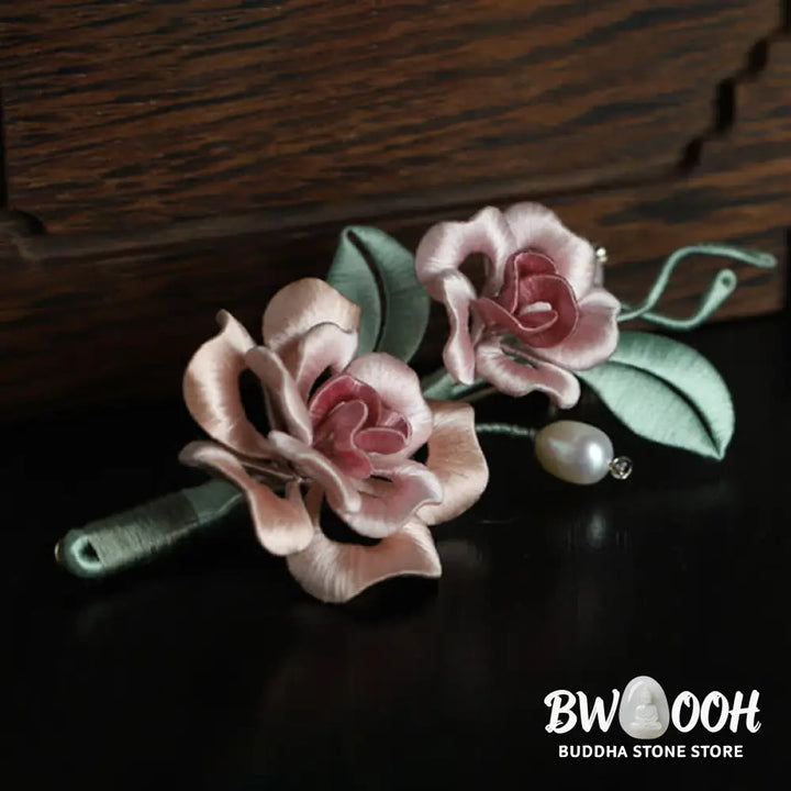 Buddha Stones Handcrafted Silk Art Twin Rose Flower Blessing Harmony Brooch - Twin Rose(Length: About 7-9cm) - Brooch
