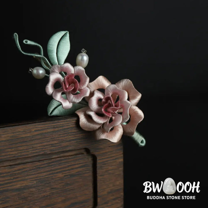 Buddha Stones Handcrafted Silk Art Twin Rose Flower Blessing Harmony Brooch - Twin Rose(Length: About 7-9cm) - Brooch