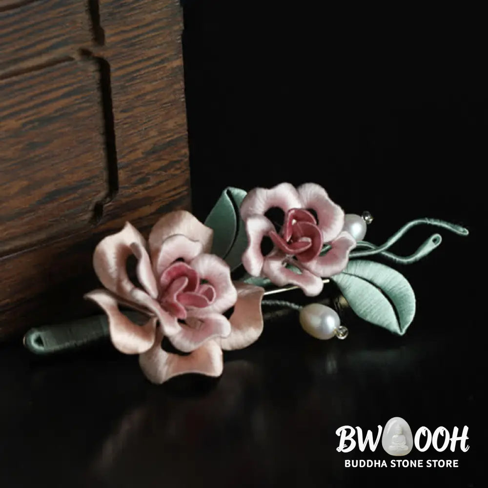 Buddha Stones Handcrafted Silk Art Twin Rose Flower Blessing Harmony Brooch - Twin Rose(Length: About 7-9cm) - Brooch