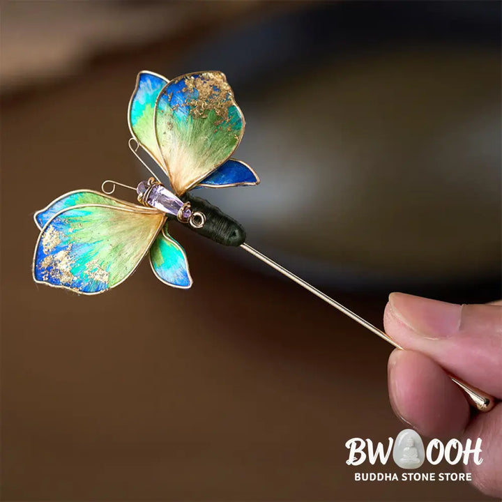 Buddha Stones Handcrafted Silk Art Velvet Flower Blue Green Gradient Butterfly Brooch - Blue Green Gradient Butterfly
