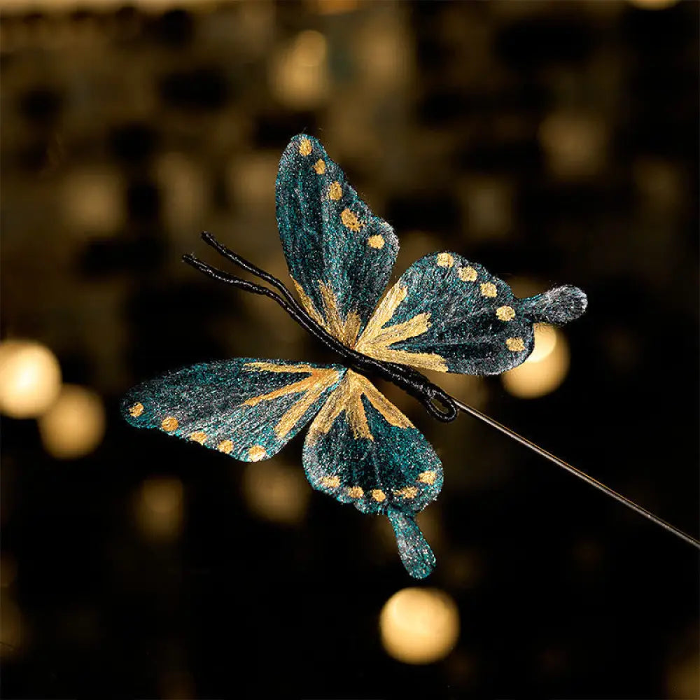 Buddha Stones Handcrafted Silk Art Velvet Flower Golden Blue Butterfly Brooch - Golden Blue Butterfly About 7-8cm