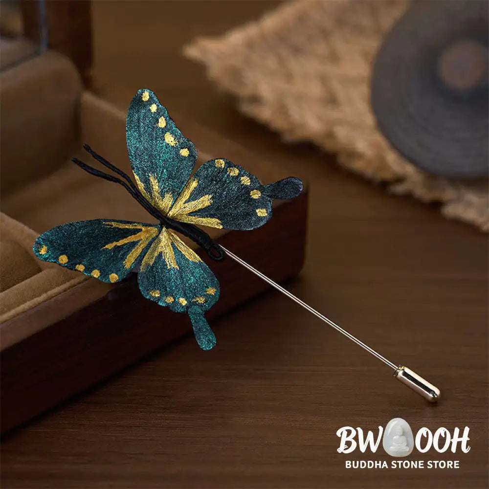Buddha Stones Handcrafted Silk Art Velvet Flower Golden Blue Butterfly Brooch - Golden Blue Butterfly About 7-8cm