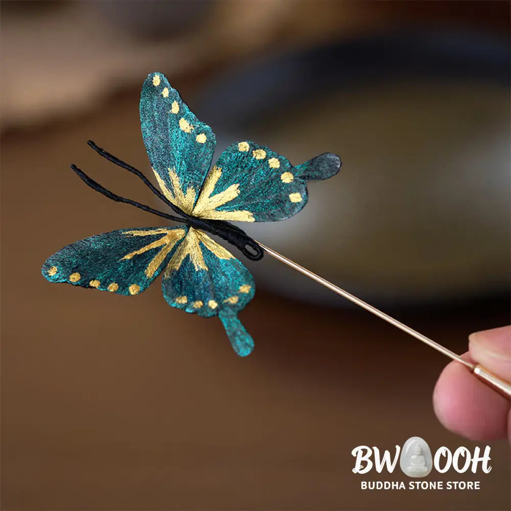 Buddha Stones Handcrafted Silk Art Velvet Flower Golden Blue Butterfly Brooch - Golden Blue Butterfly About 7-8cm