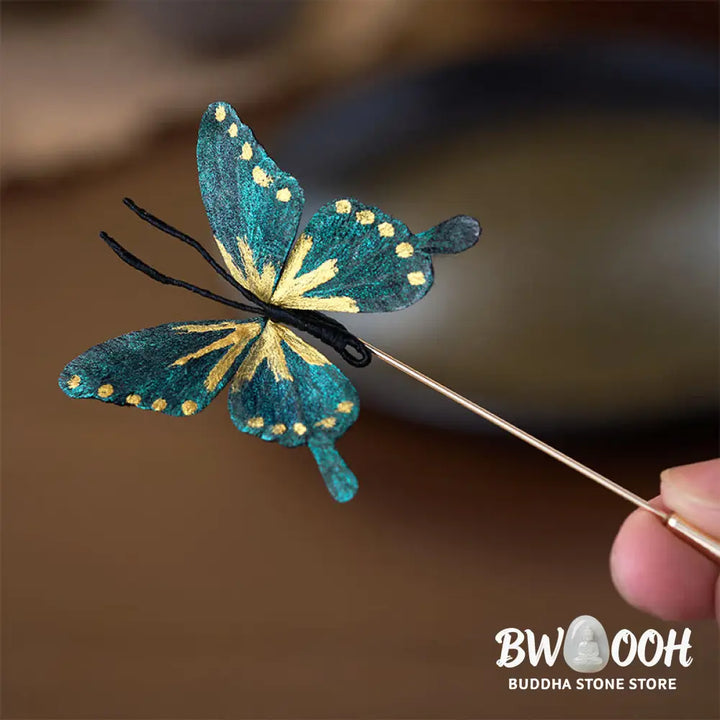 Buddha Stones Handcrafted Silk Art Velvet Flower Golden Blue Butterfly Brooch - Golden Blue Butterfly About 7-8cm