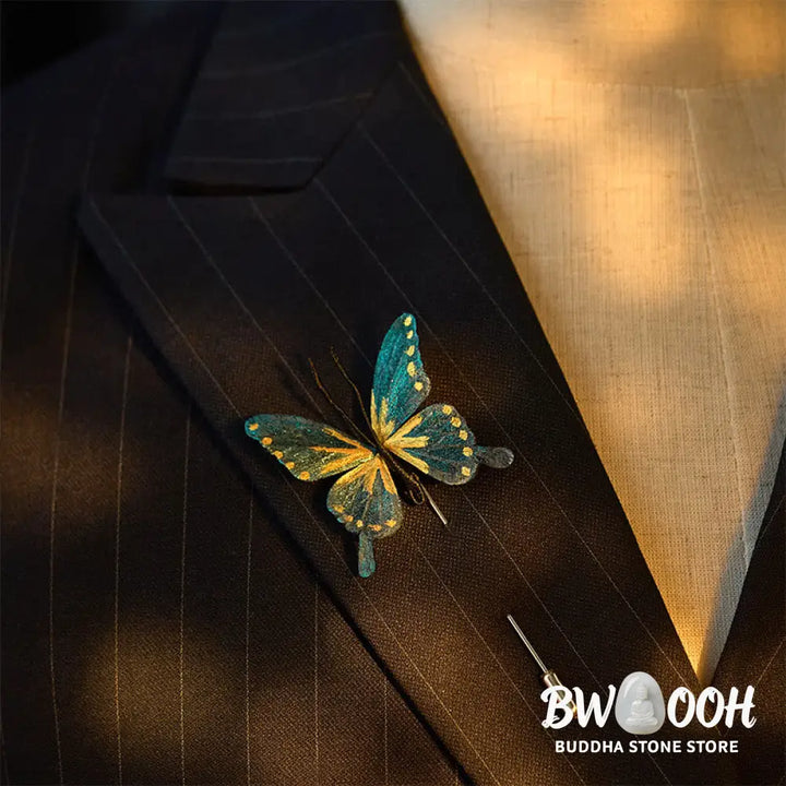Buddha Stones Handcrafted Silk Art Velvet Flower Golden Blue Butterfly Brooch - Golden Blue Butterfly About 7-8cm