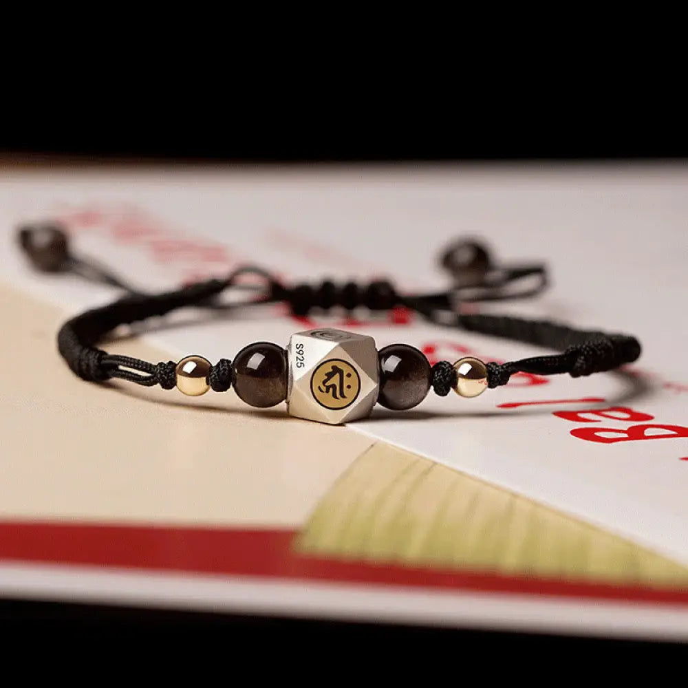 Buddha Stones Handmade 925 Sterling Silver Chinese Zodiac Natal Buddha Cinnabar Calm Braided Bracelet - BWOOOH - Black