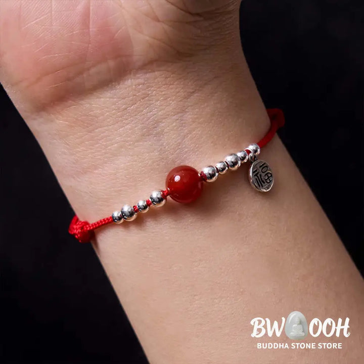 Buddha Stones Handmade 925 Sterling Silver Fu Character Red Agate Fortune Braided Ultra-Thin Rope Bracelet - BWOOOH