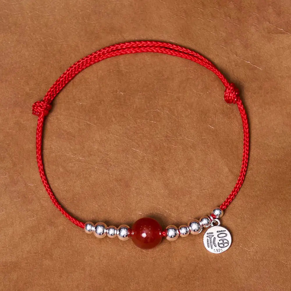 BWOOOH Handmade 925 Sterling Silver Fu Character Red Agate Fortune Braided Ultra-Thin Rope Bracelet - BWOOOH