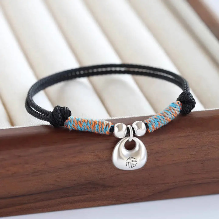 BWOOOH Handmade 925 Sterling Silver Fu Character Safe And Well Luck Braided Bracelet - BWOOOH - Black Rope(Wrist