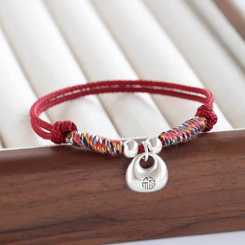 Buddha Stones Handmade 925 Sterling Silver Fu Character Safe And Well Luck Braided Bracelet - BWOOOH - Red Rope(Wrist