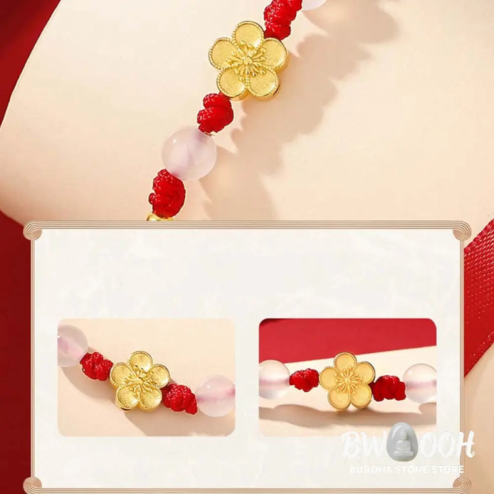 BWOOOH Handmade 925 Sterling Silver Peach Blossom Cherry Sakura Chalcedony Bead Luck Red Rope Bracelet - 14-21cm