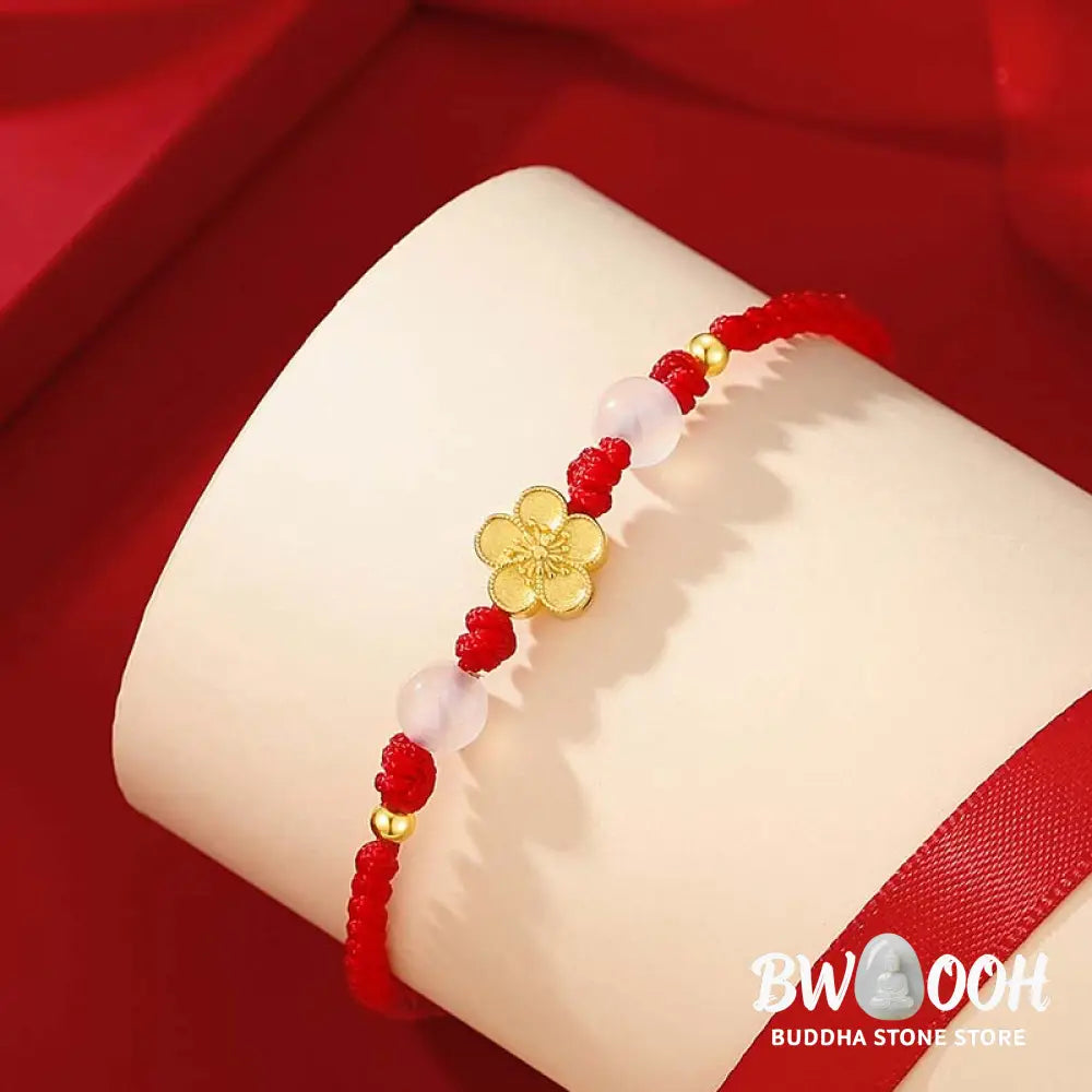 BWOOOH Handmade 925 Sterling Silver Peach Blossom Cherry Sakura Chalcedony Bead Luck Red Rope Bracelet - 14-21cm