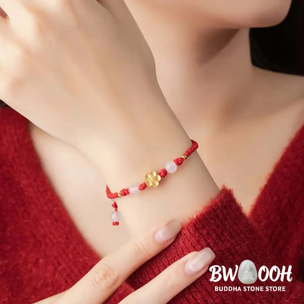 BWOOOH Handmade 925 Sterling Silver Peach Blossom Cherry Sakura Chalcedony Bead Luck Red Rope Bracelet - 14-21cm