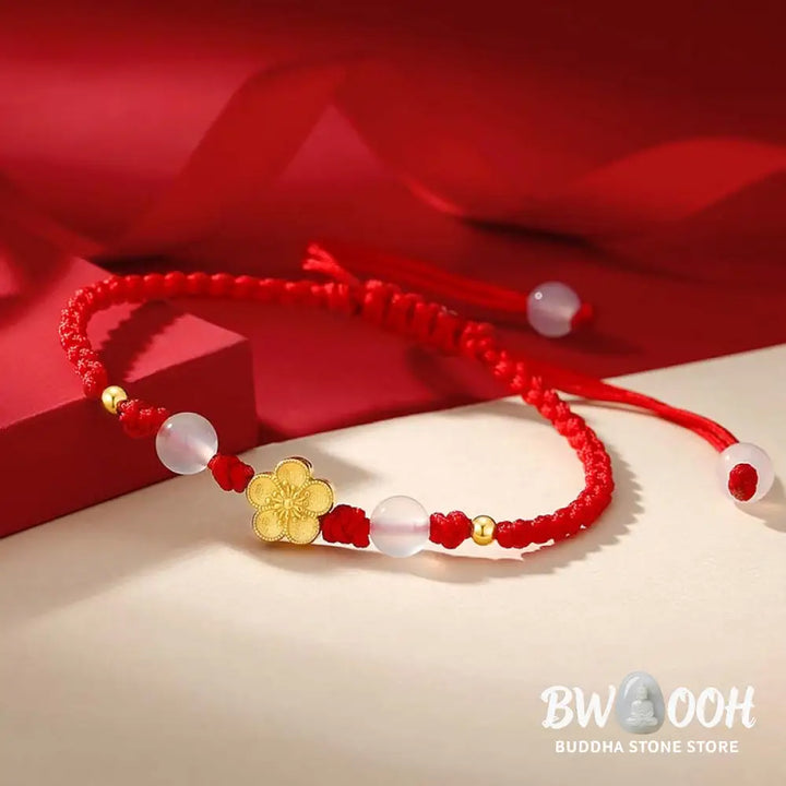 BWOOOH Handmade 925 Sterling Silver Peach Blossom Cherry Sakura Chalcedony Bead Luck Red Rope Bracelet - 14-21cm