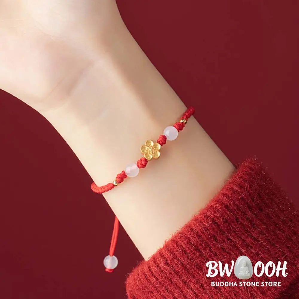 BWOOOH Handmade 925 Sterling Silver Peach Blossom Cherry Sakura Chalcedony Bead Luck Red Rope Bracelet - 14-21cm