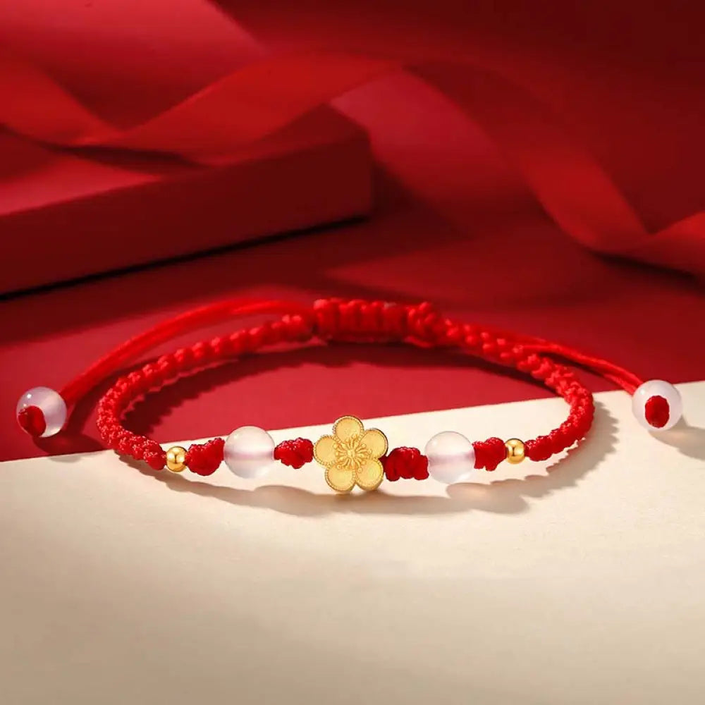 BWOOOH Handmade 925 Sterling Silver Peach Blossom Cherry Sakura Chalcedony Bead Luck Red Rope Bracelet - 14-21cm