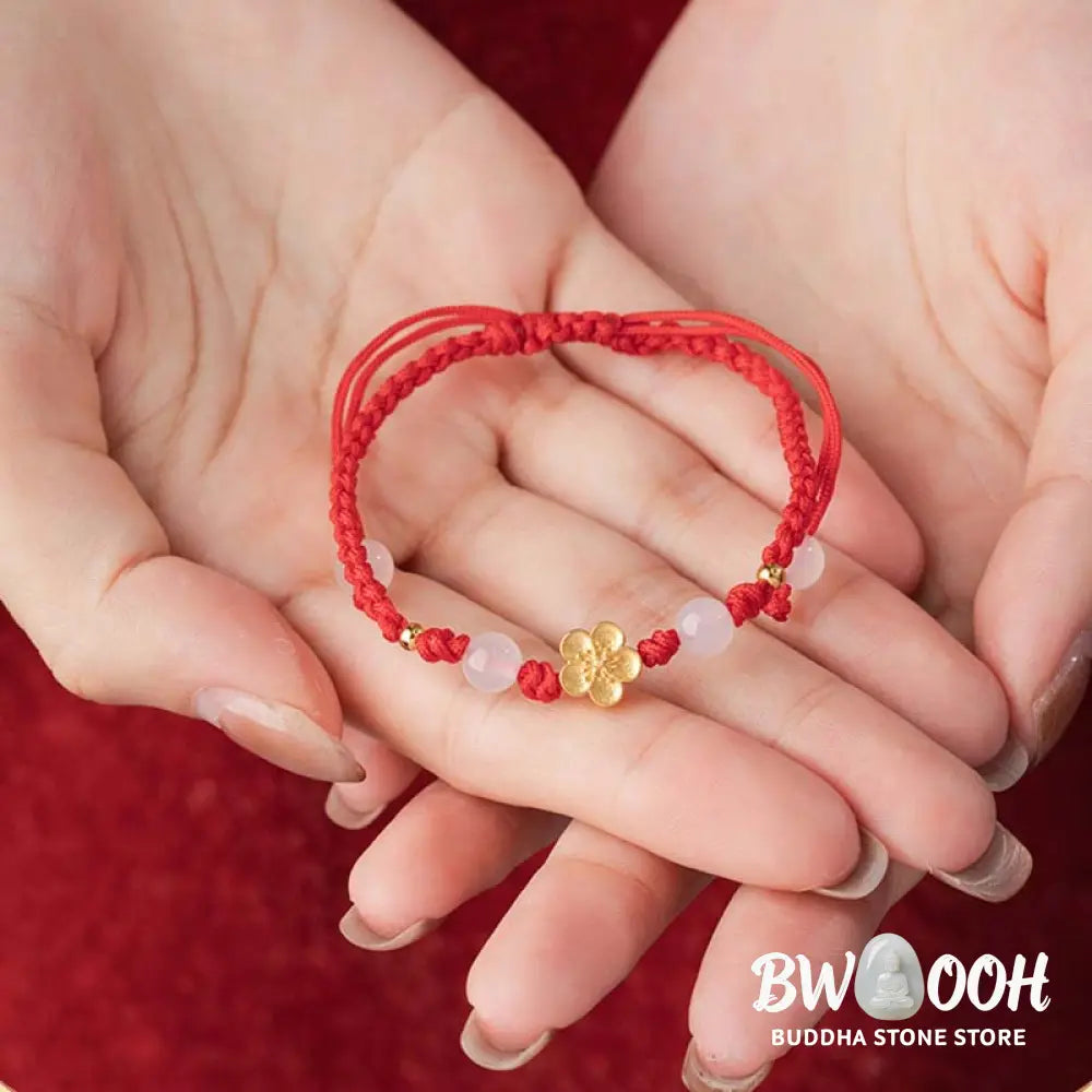 BWOOOH Handmade 925 Sterling Silver Peach Blossom Cherry Sakura Chalcedony Bead Luck Red Rope Bracelet - 14-21cm