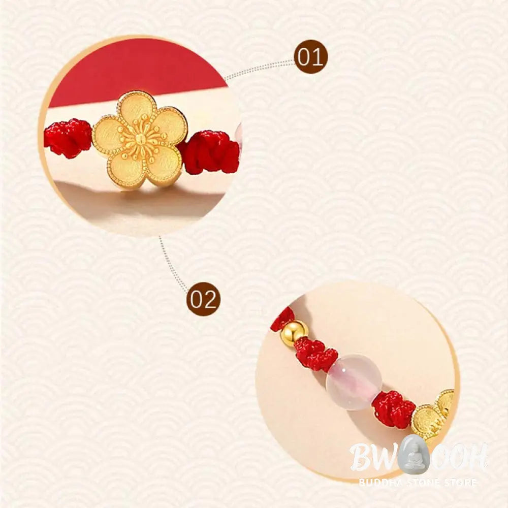 BWOOOH Handmade 925 Sterling Silver Peach Blossom Cherry Sakura Chalcedony Bead Luck Red Rope Bracelet - 14-21cm