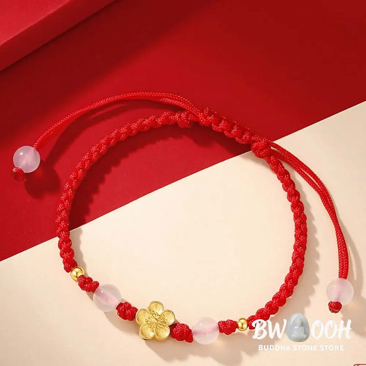 BWOOOH Handmade 925 Sterling Silver Peach Blossom Cherry Sakura Chalcedony Bead Luck Red Rope Bracelet - 14-21cm
