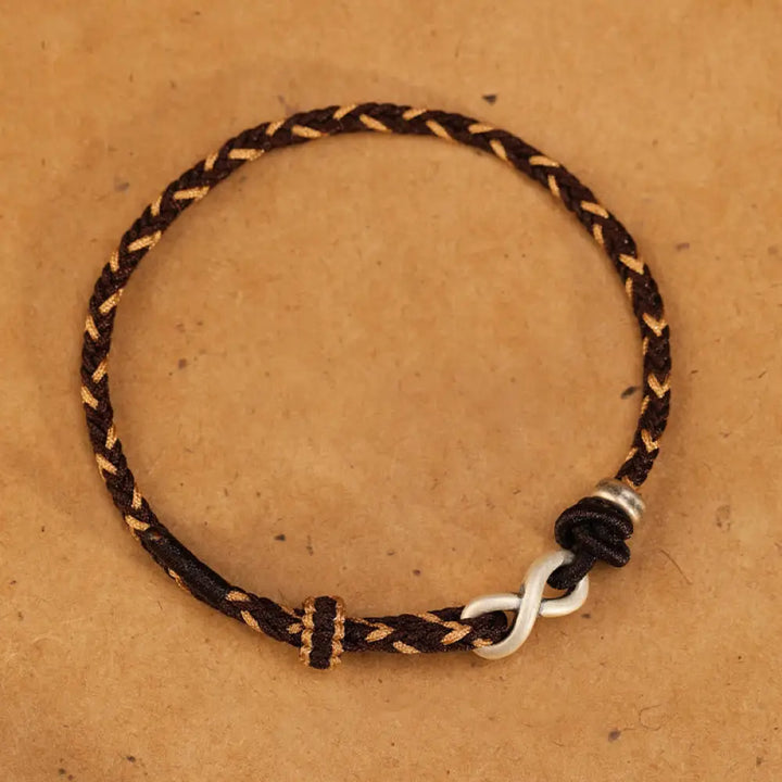 Buddha Stones Handmade 999 Sterling Silver Endless Knot Infinity Symbol Luck Rope Bracelet - BWOOOH - Brown / 14-18cm