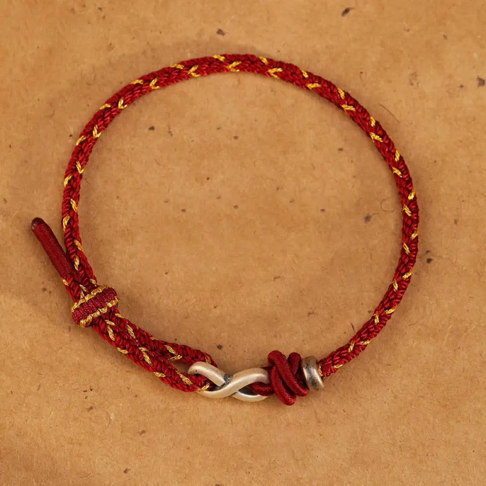 Buddha Stones Handmade 999 Sterling Silver Endless Knot Infinity Symbol Luck Rope Bracelet - BWOOOH - Red / 14-18cm