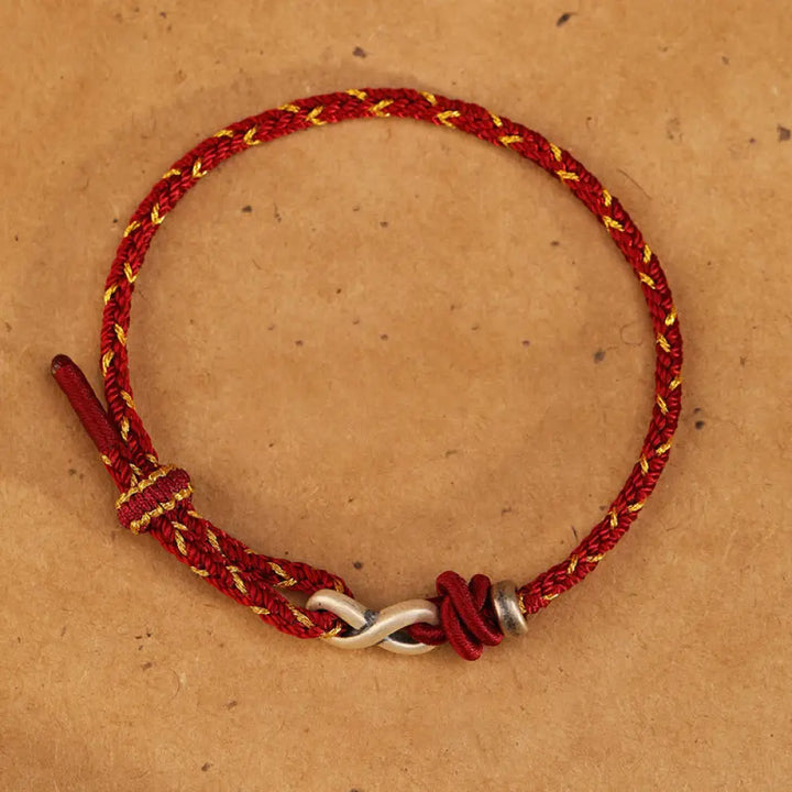 Buddha Stones Handmade 999 Sterling Silver Endless Knot Infinity Symbol Luck Rope Bracelet - BWOOOH - Red / 14-18cm