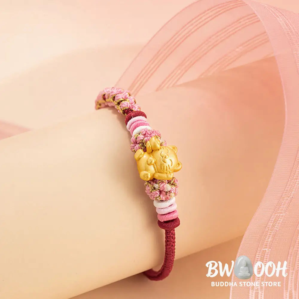 Buddha Stones Handmade 999 Sterling Silver Fortune Cat Ingot Peach Blossom Luck Red Rope Bracelet - BWOOOH - Red