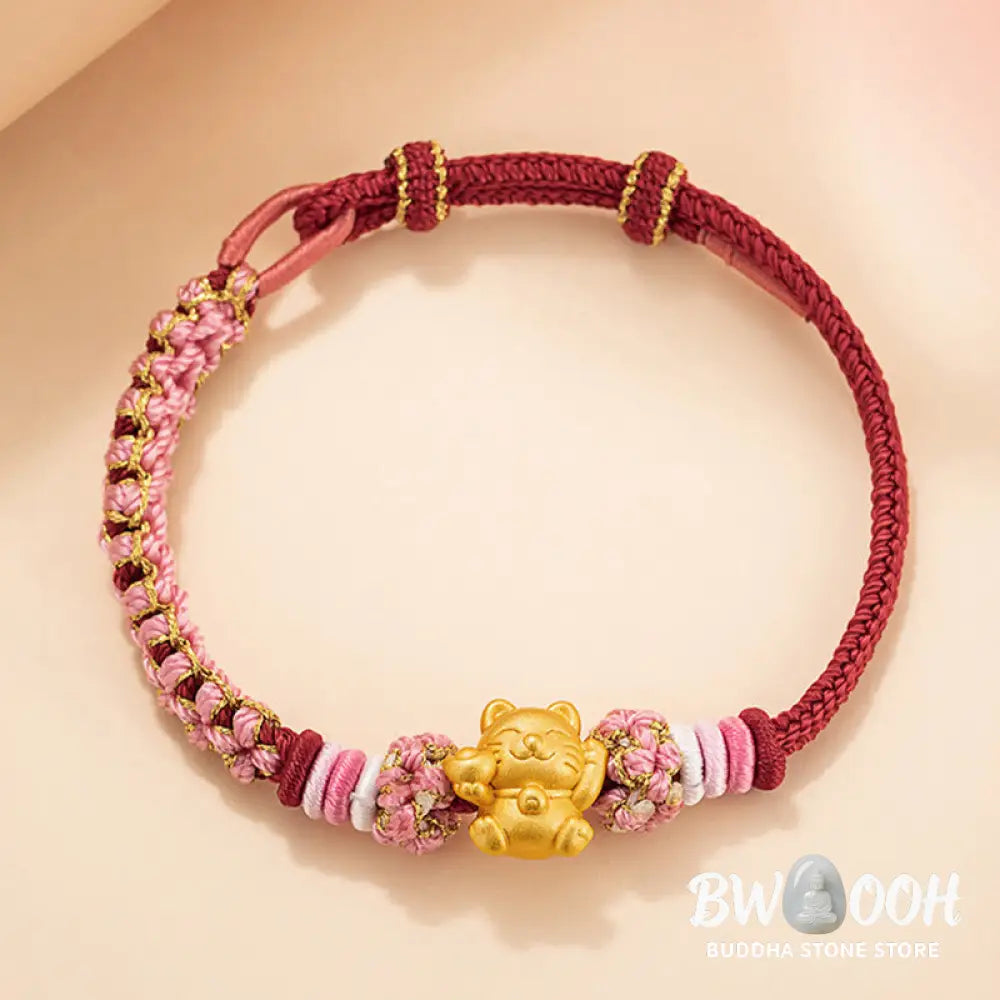 Buddha Stones Handmade 999 Sterling Silver Fortune Cat Ingot Peach Blossom Luck Red Rope Bracelet - BWOOOH - Red