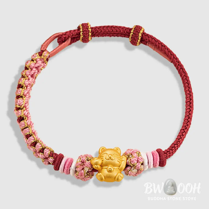 Buddha Stones Handmade 999 Sterling Silver Fortune Cat Ingot Peach Blossom Luck Red Rope Bracelet - BWOOOH - Red