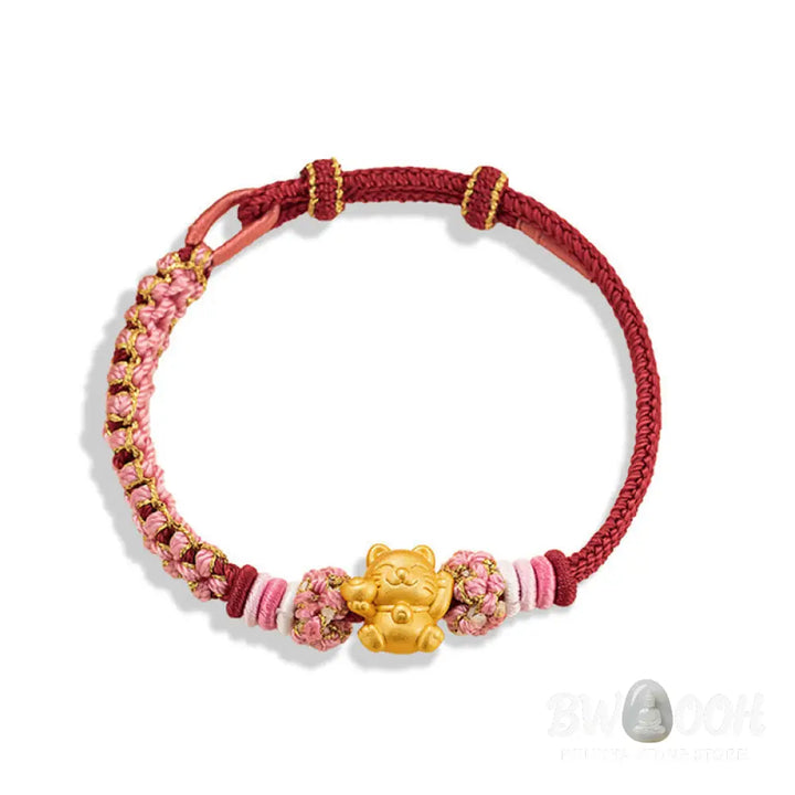 Buddha Stones Handmade 999 Sterling Silver Fortune Cat Ingot Peach Blossom Luck Red Rope Bracelet - BWOOOH - Red
