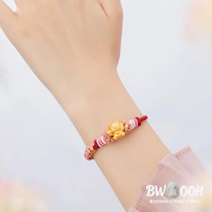 Buddha Stones Handmade 999 Sterling Silver Fortune Cat Ingot Peach Blossom Luck Red Rope Bracelet - BWOOOH - Red
