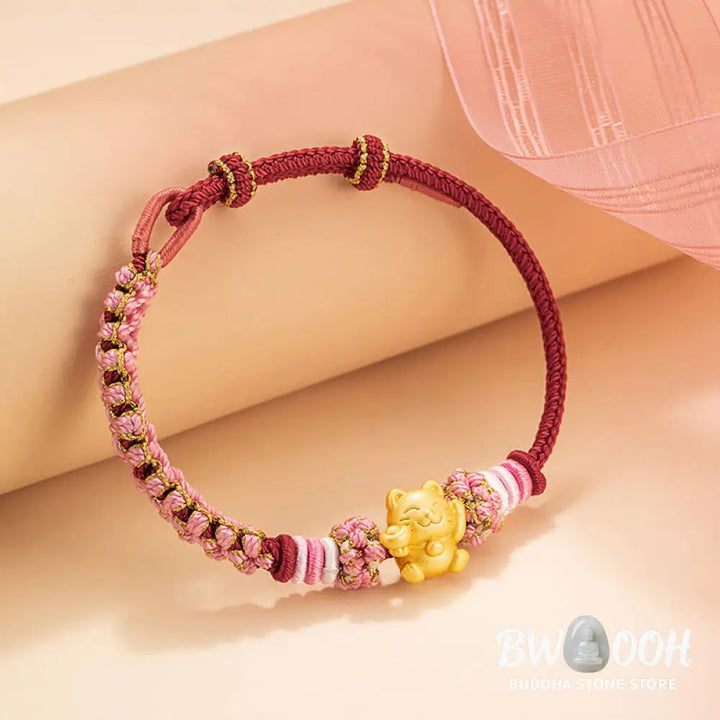 Buddha Stones Handmade 999 Sterling Silver Fortune Cat Ingot Peach Blossom Luck Red Rope Bracelet - BWOOOH - Red