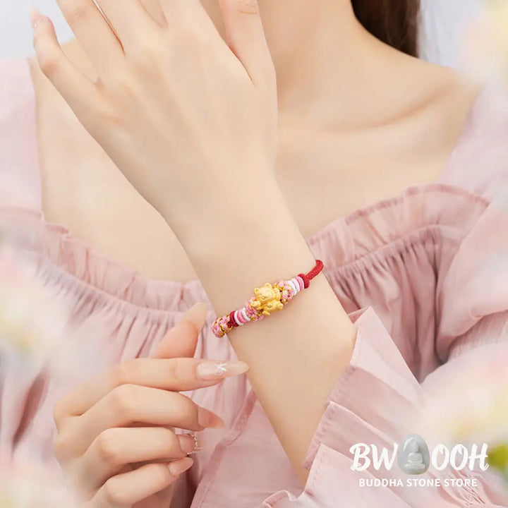 Buddha Stones Handmade 999 Sterling Silver Fortune Cat Ingot Peach Blossom Luck Red Rope Bracelet - BWOOOH - Red