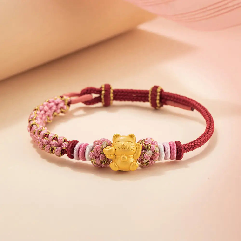 BWOOOH Handmade 999 Sterling Silver Fortune Cat Ingot Peach Blossom Luck Red Rope Bracelet - BWOOOH - Red
