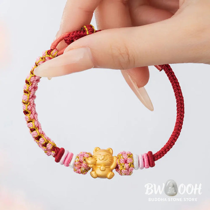 Buddha Stones Handmade 999 Sterling Silver Fortune Cat Ingot Peach Blossom Luck Red Rope Bracelet - BWOOOH - Red