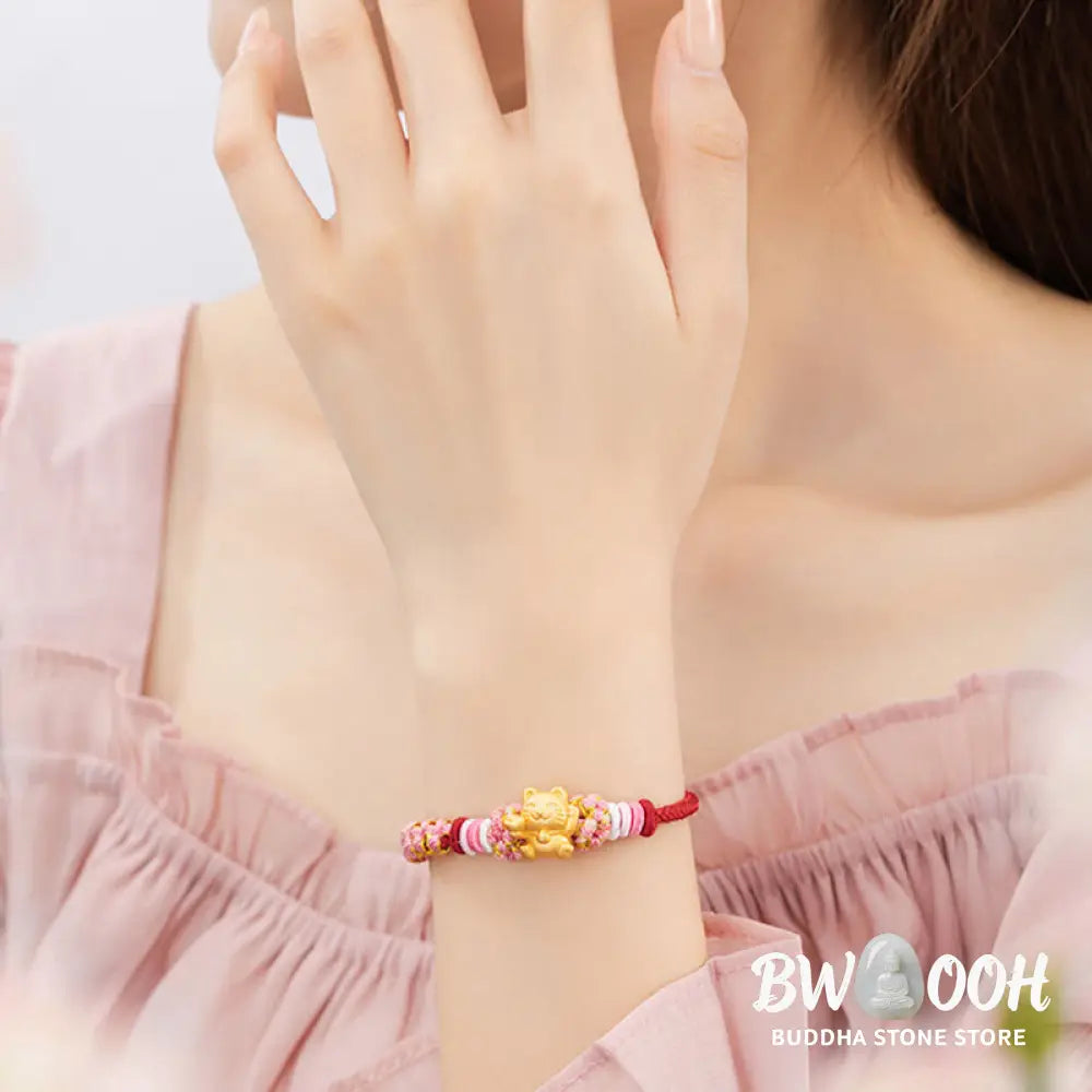 Buddha Stones Handmade 999 Sterling Silver Fortune Cat Ingot Peach Blossom Luck Red Rope Bracelet - BWOOOH - Red