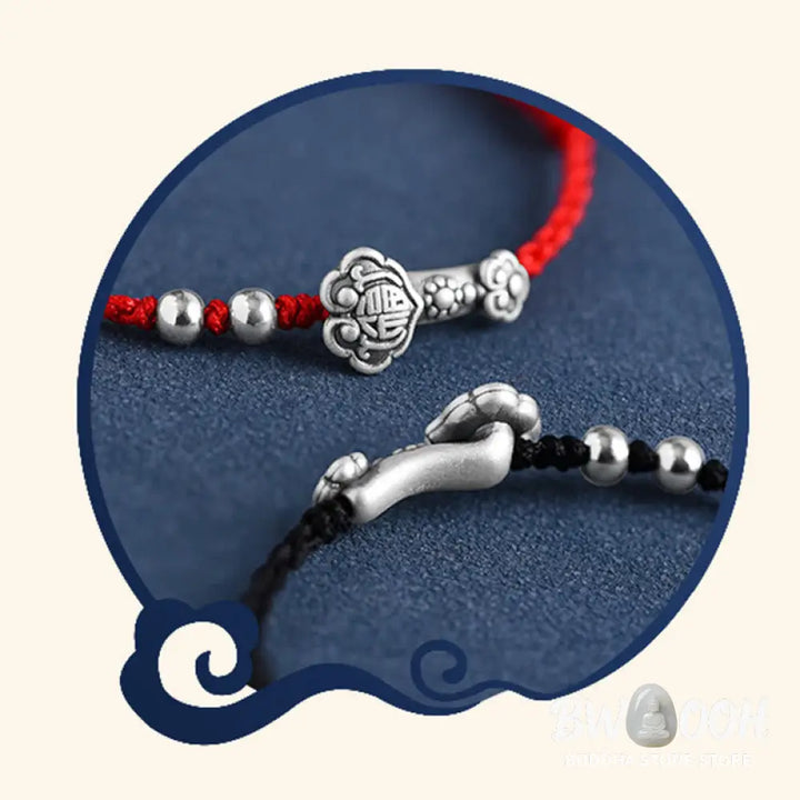 Buddha Stones Handmade 999 Sterling Silver Fu Character Wish Ruyi Handle Fortune Rope Bracelet Anklet - BWOOOH