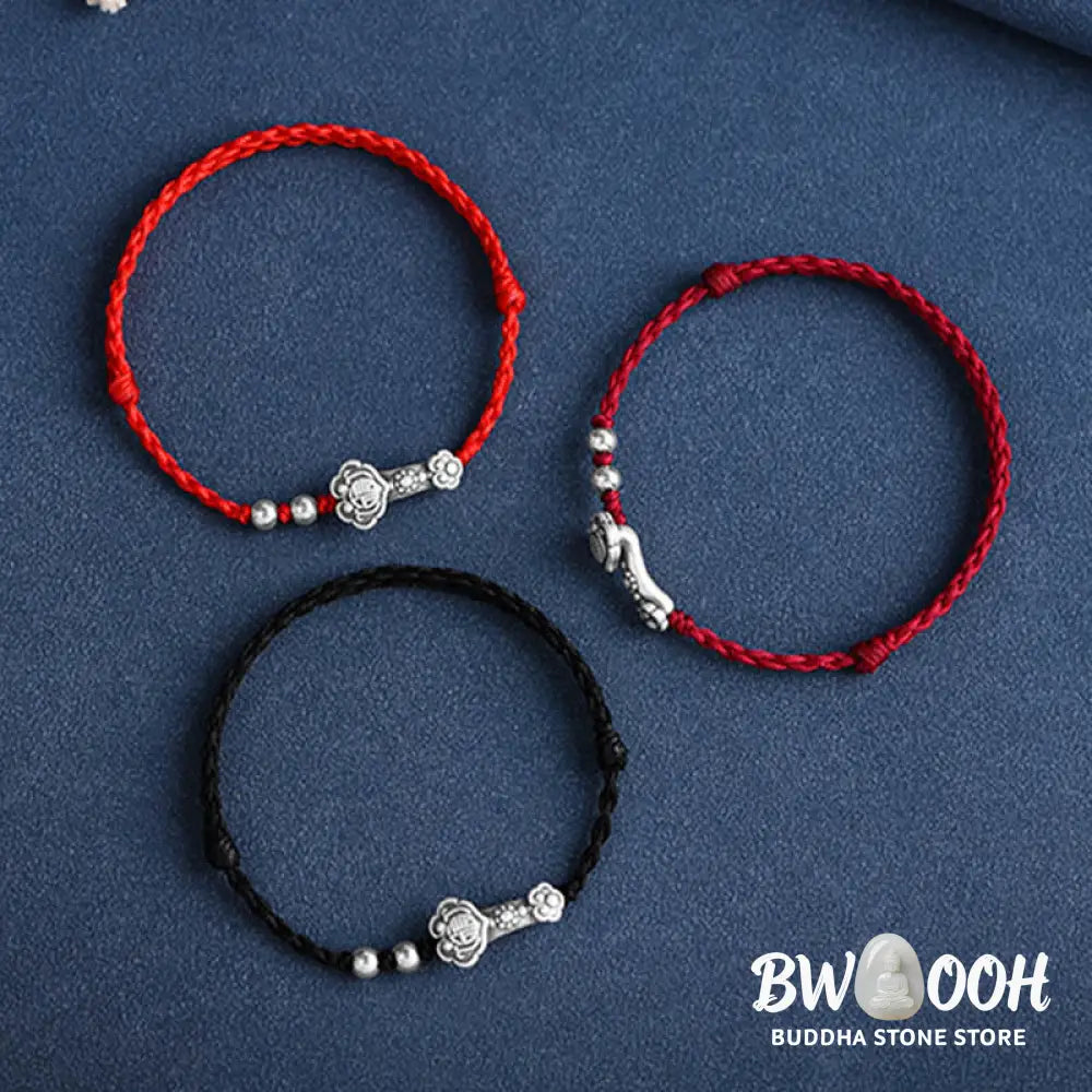 Buddha Stones Handmade 999 Sterling Silver Fu Character Wish Ruyi Handle Fortune Rope Bracelet Anklet - BWOOOH