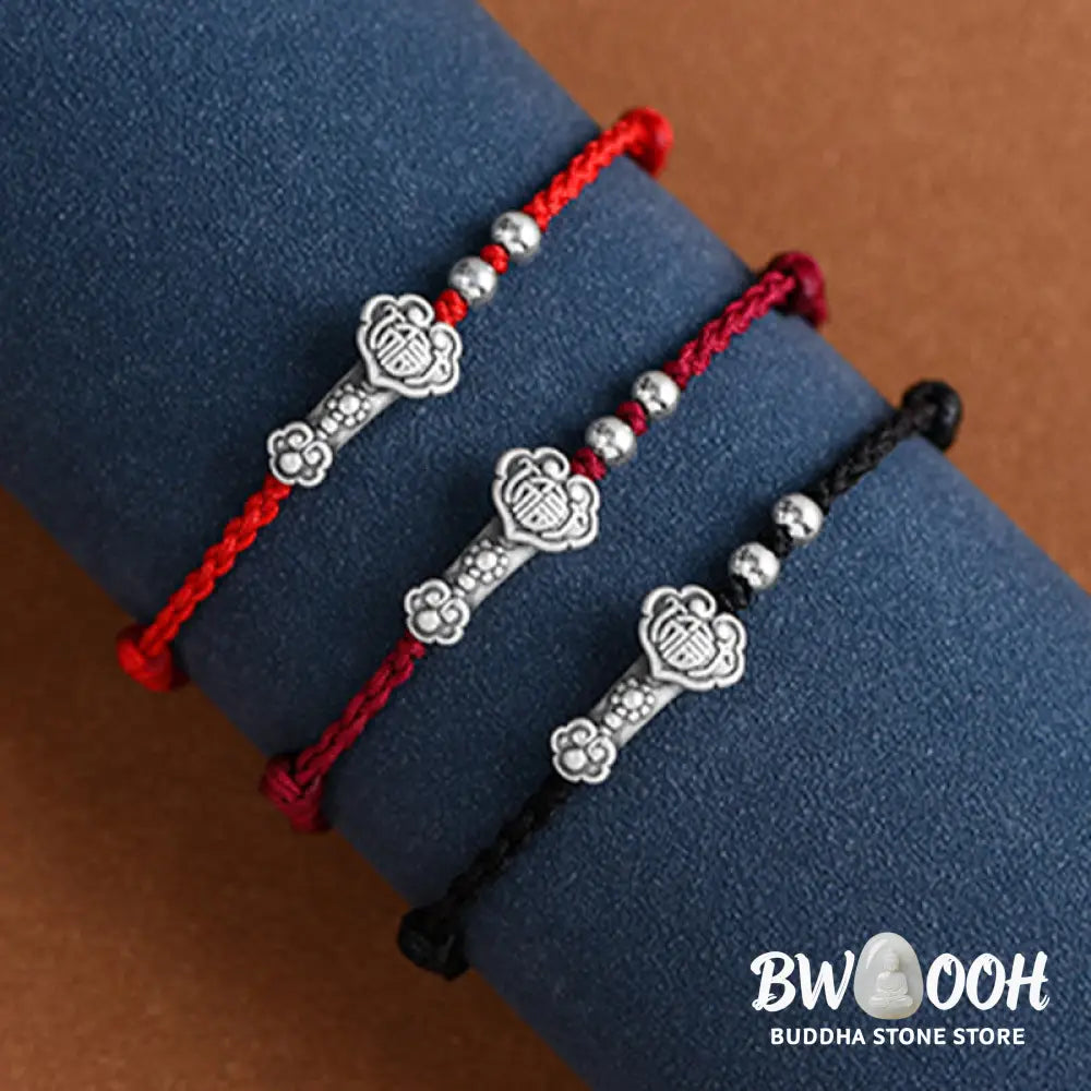 Buddha Stones Handmade 999 Sterling Silver Fu Character Wish Ruyi Handle Fortune Rope Bracelet Anklet - BWOOOH