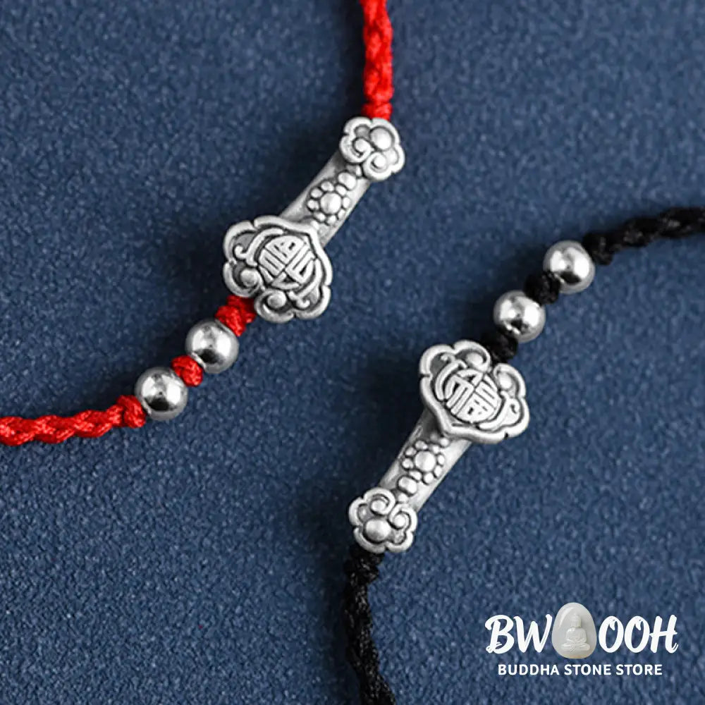Buddha Stones Handmade 999 Sterling Silver Fu Character Wish Ruyi Handle Fortune Rope Bracelet Anklet - BWOOOH