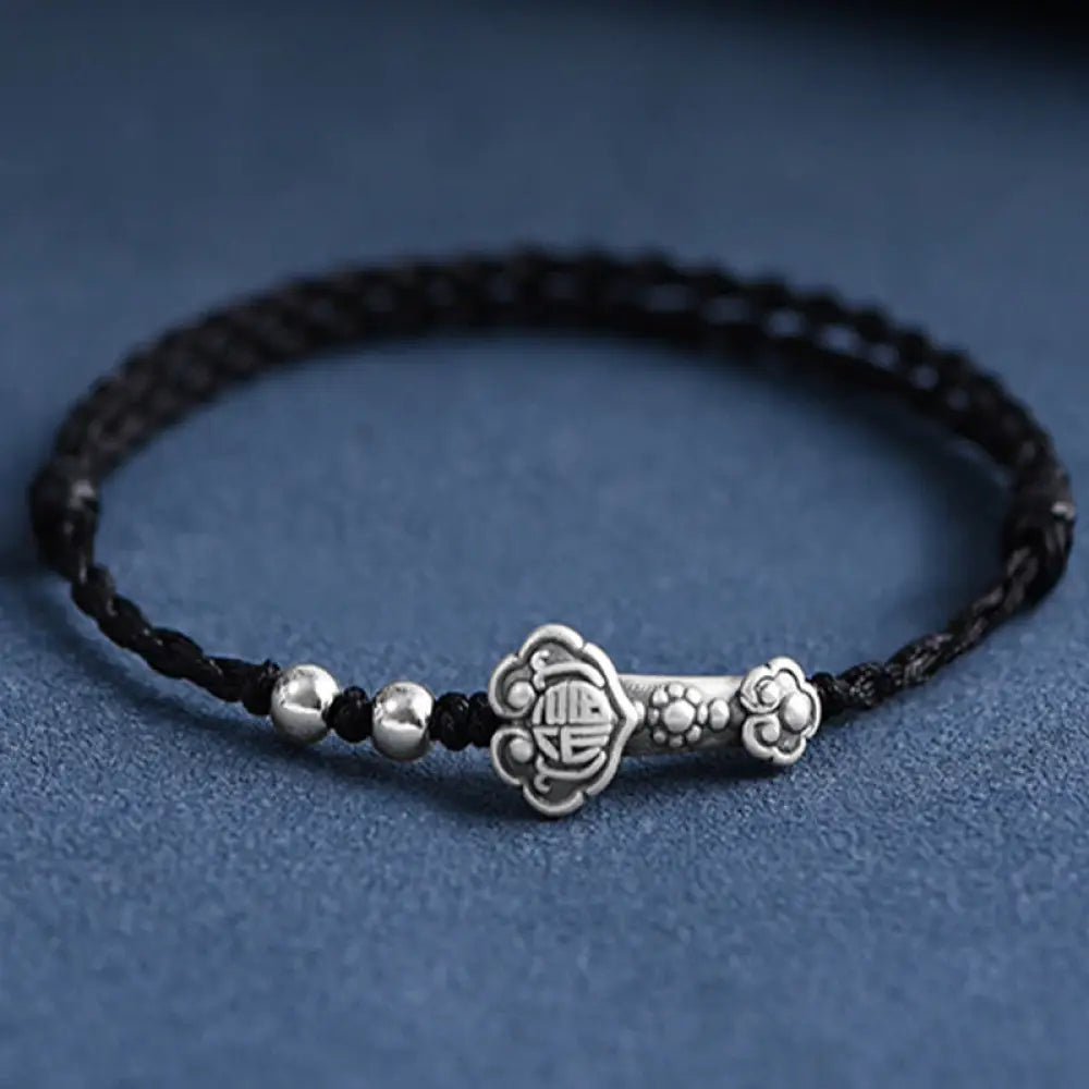 Buddha Stones Handmade 999 Sterling Silver Fu Character Wish Ruyi Handle Fortune Rope Bracelet Anklet - BWOOOH