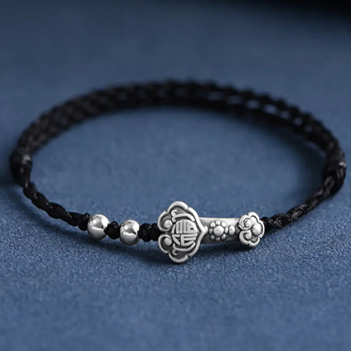 Buddha Stones Handmade 999 Sterling Silver Fu Character Wish Ruyi Handle Fortune Rope Bracelet Anklet - BWOOOH